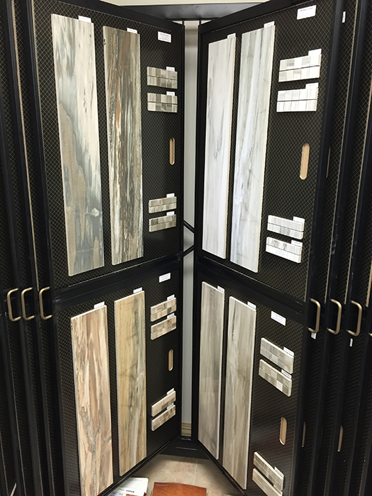 Large-format designer tile samples on display